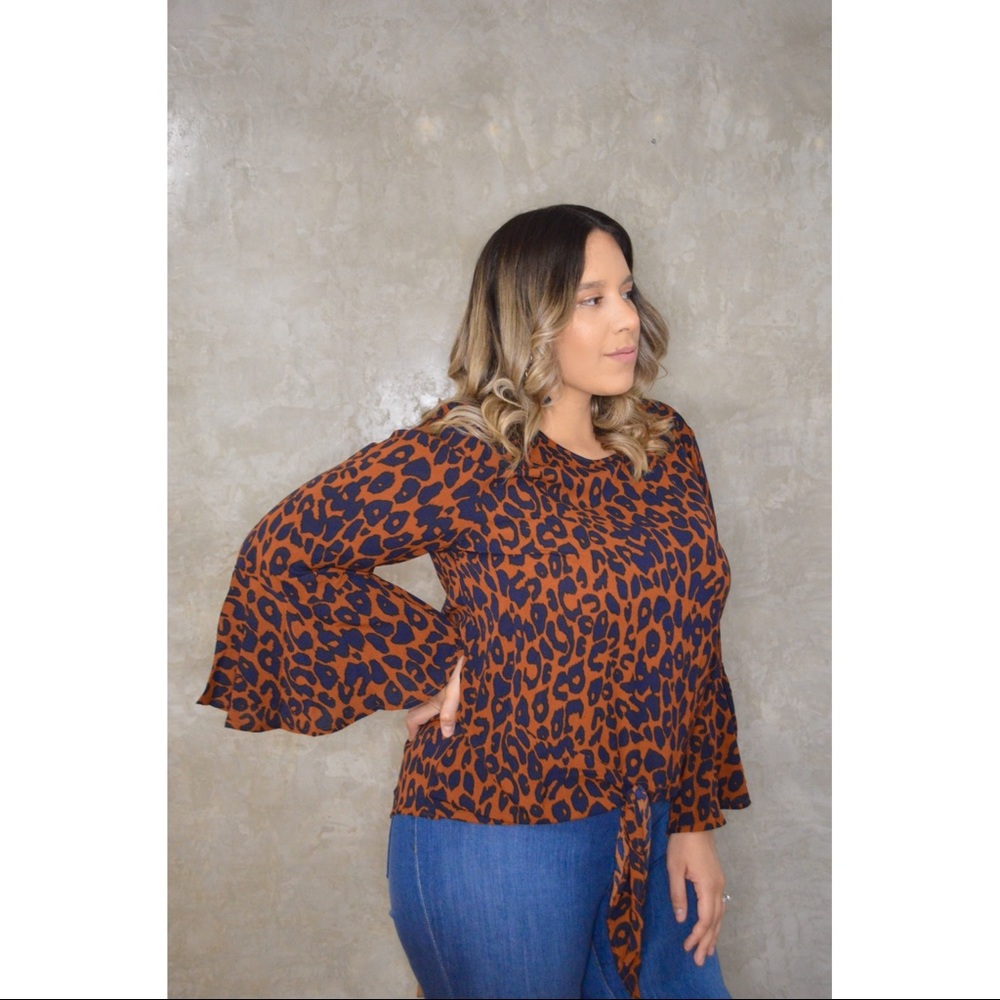 Plus Animal Print Top Bell Sleeves Brick and Navy